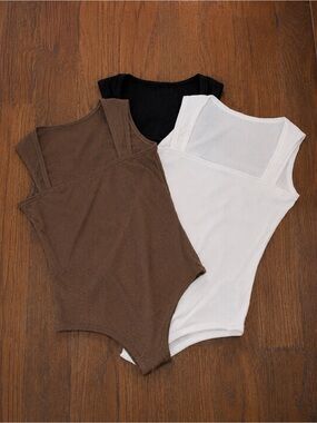 Square-Neck Ribbed Tank Bodysuit - White, Brown, Black Sz L